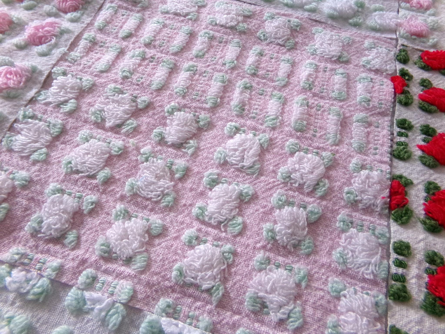 valentine rosebuds vintage chenille fabric squares, gorgeous medley of pink, red, white roses, set of 16 quilt blocks, 6" x 6" inch