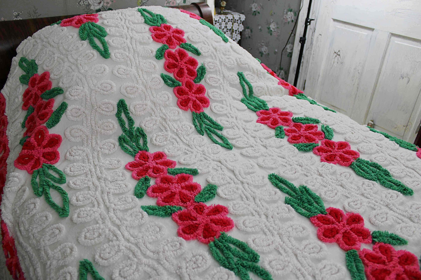Vintage Chenille Bedspread, Raining Roses on Plush White, Full Size