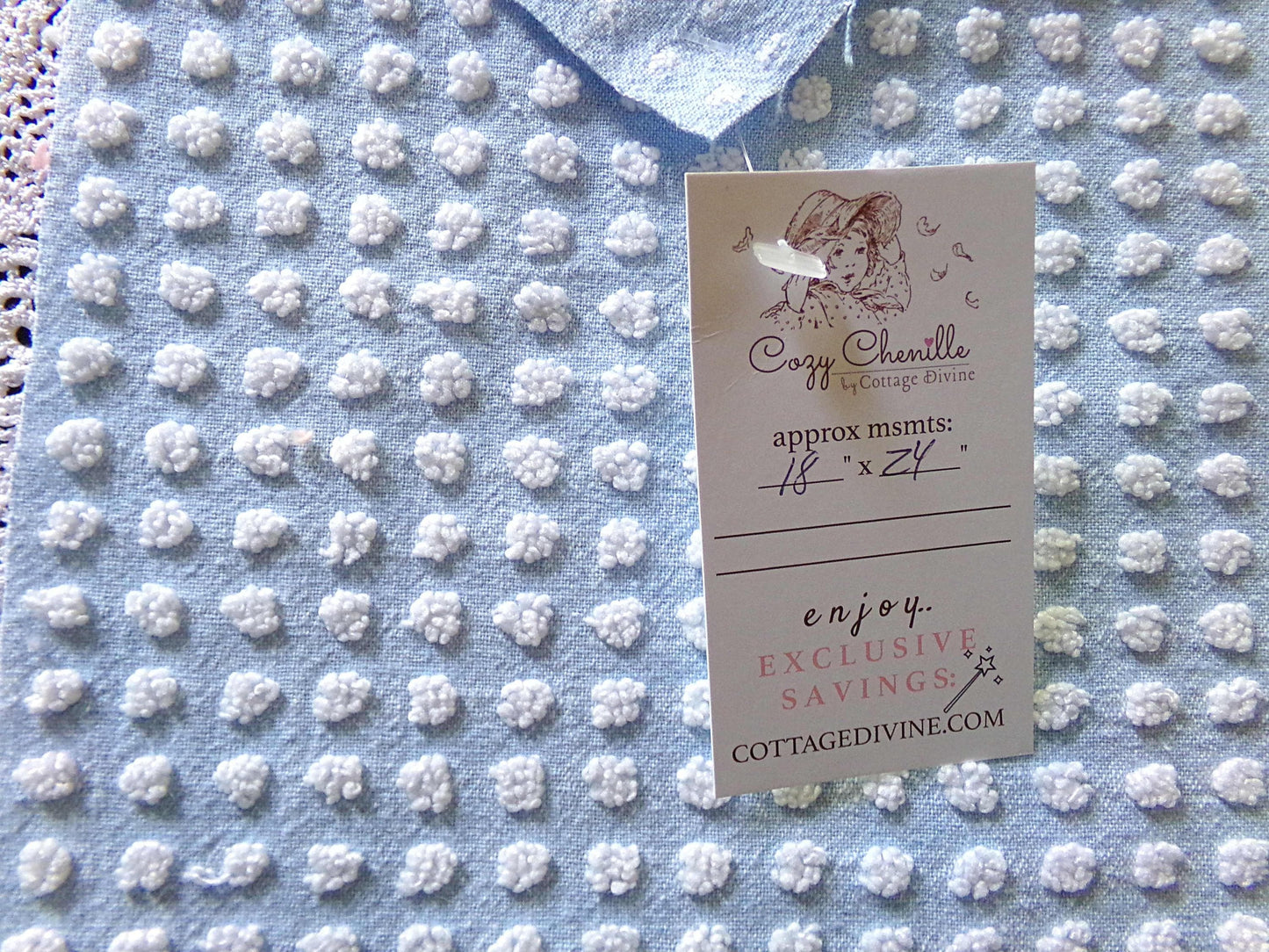 Bubble Dots Vintage Chenille Material, 24" x 18" inch Fabric Piece, Little White Pops on Sky Blue, Beachy Coastal Vibes