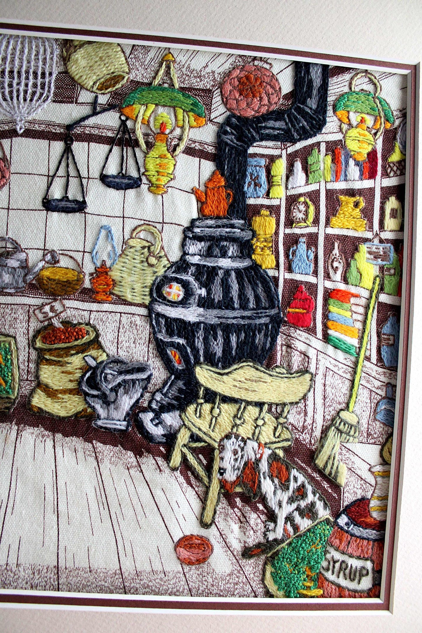 Old-Fashioned Country Store Crewel Embroidery Piece, "Penny Candy"" Completed Stitchery, Vintage Paragon Needlecraft, Outstanding Needlework