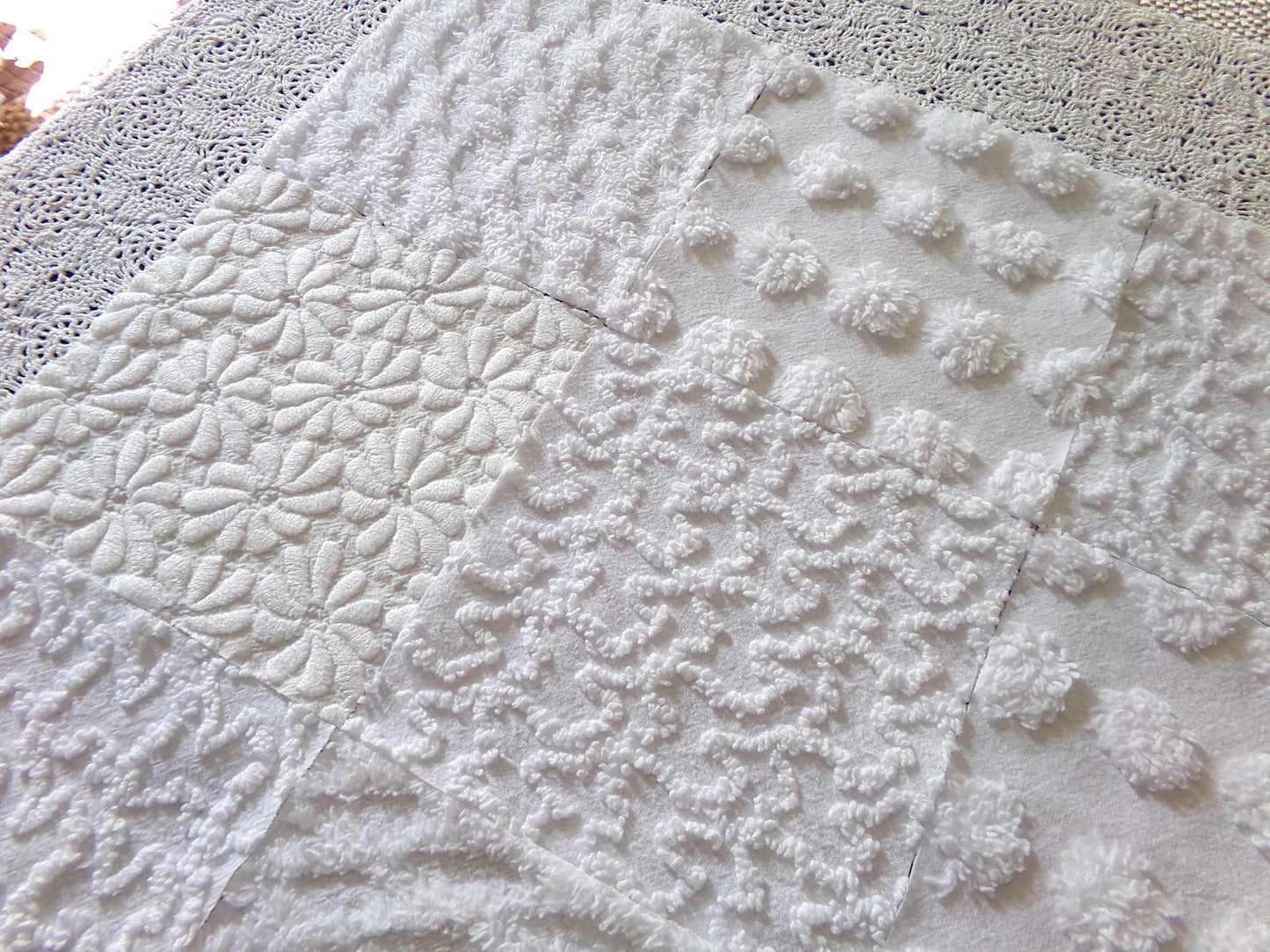 White Fabric Squares Cut from Vintage Woven & Chenille Bedspreads, *Daisies in Snow* Shades of White, 16 Quilt Blocks, 6" x 6" inch each