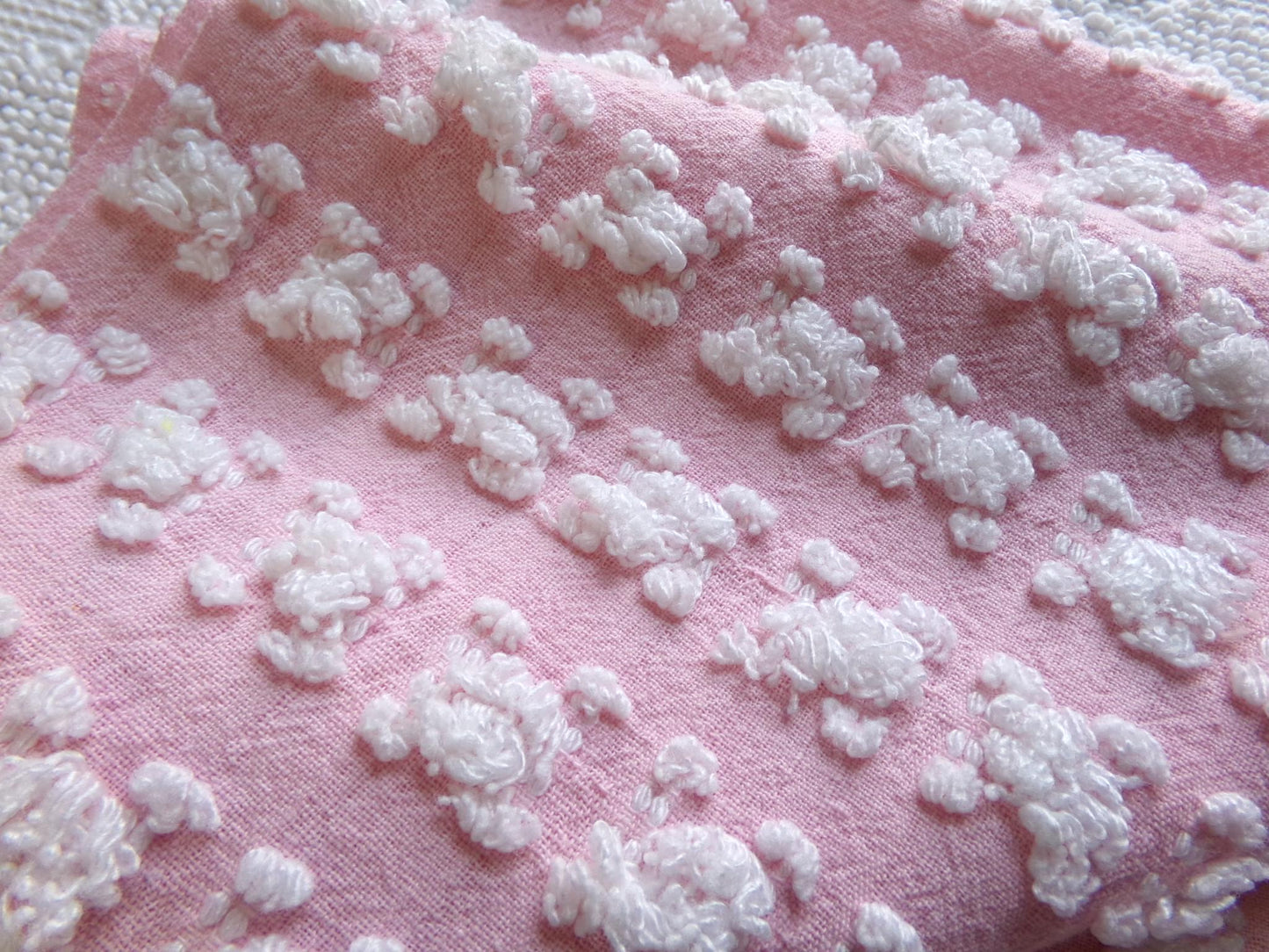 Petal Pink & White Rosebud Vintage Chenille Fabric, Soft Ombre Variations, 18" x 25" Inch Piece, Ideal in Handmade Chenille Quilts