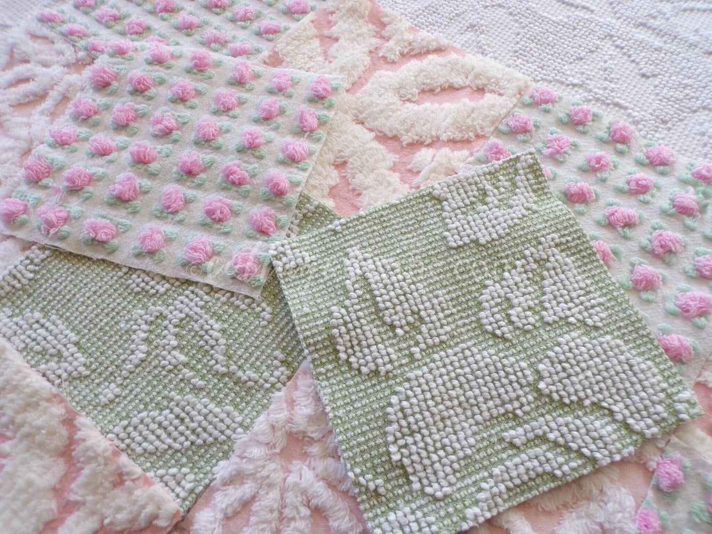 pink & green chenille fabric squares, set of 16 vintage quilt blocks 6" each, popular spring daisy, rosebud and hobnail patterns
