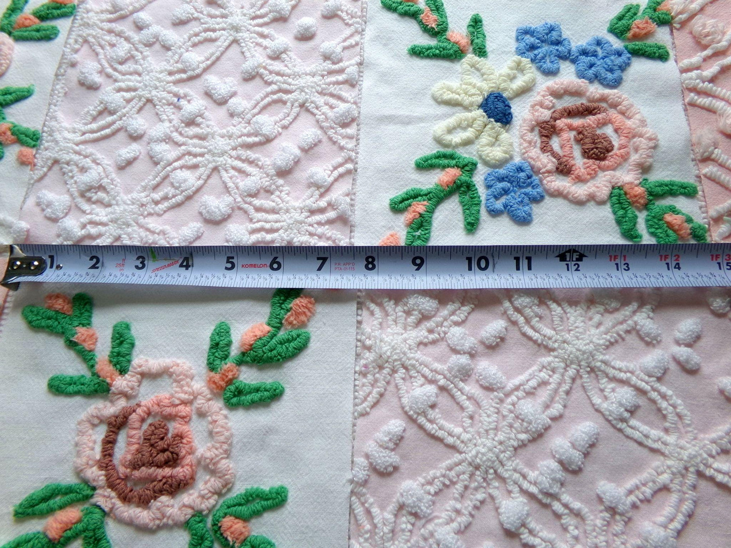 shabby fantasy florals chenille fabric squares, set of 8 vintage 7.5" quilt blocks, pink & white wildflowers for sewing, crafts, quilting