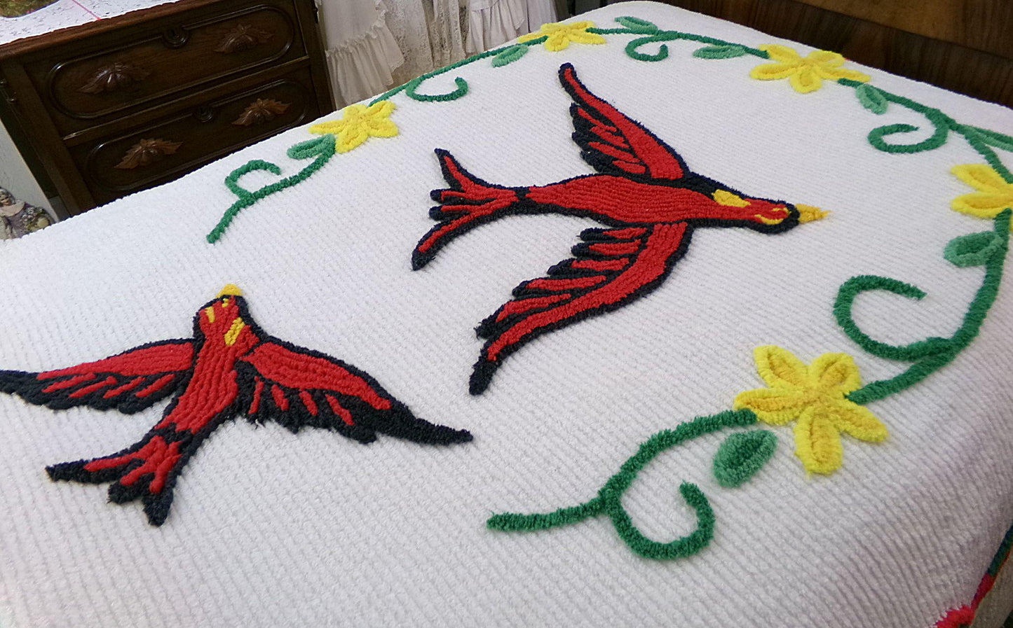 wings of love vintage chenille bedspread, majestic red cardinal birds in a garland of flowers, 100% soft cotton coverlet, full size bedding