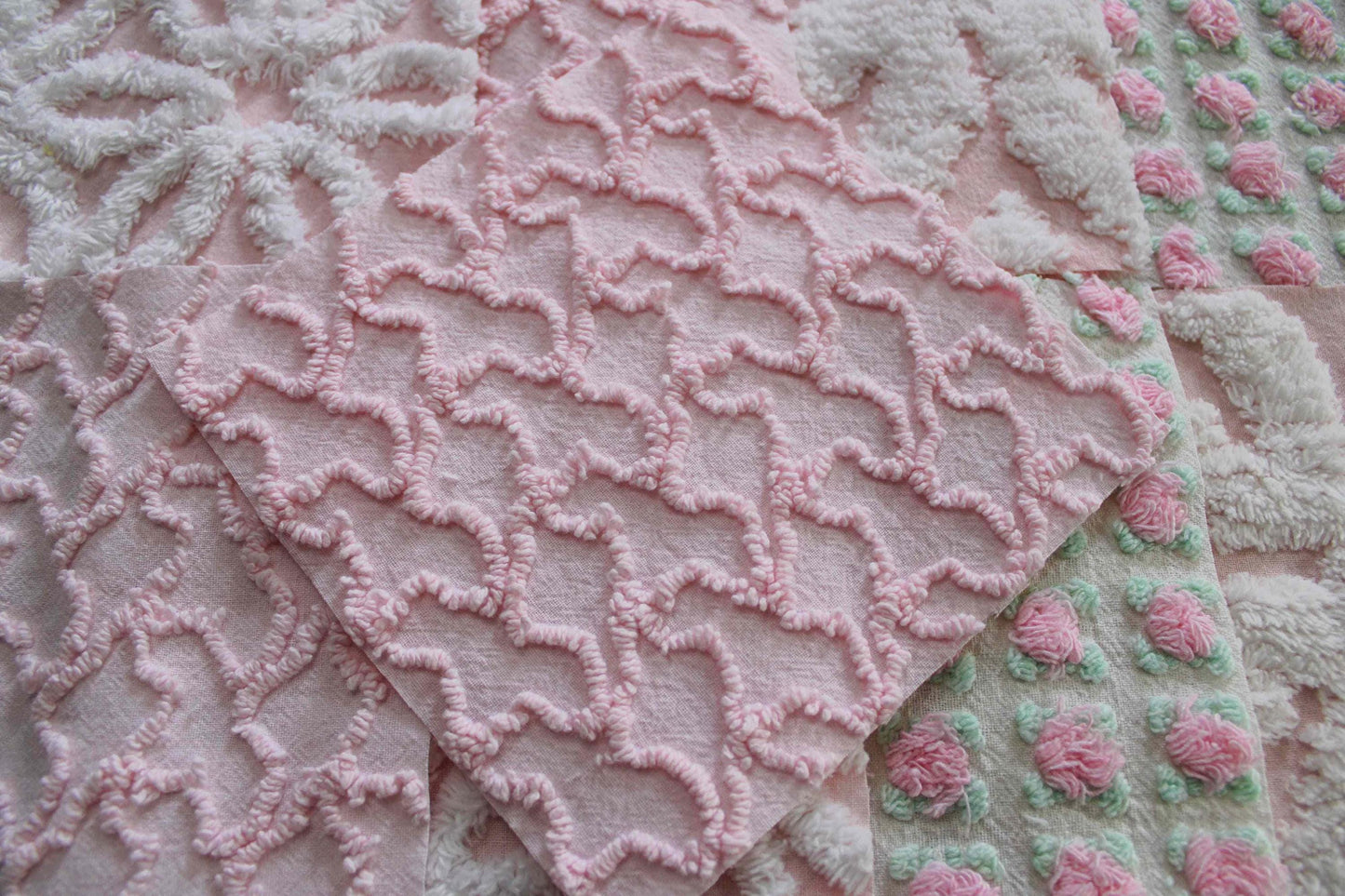 fairy pink chenille fabric squares, cottage rosebud & daisy, 16 vintage quilt blocks 6" x 6" inch, for patchwork pillows, quilting, crafts
