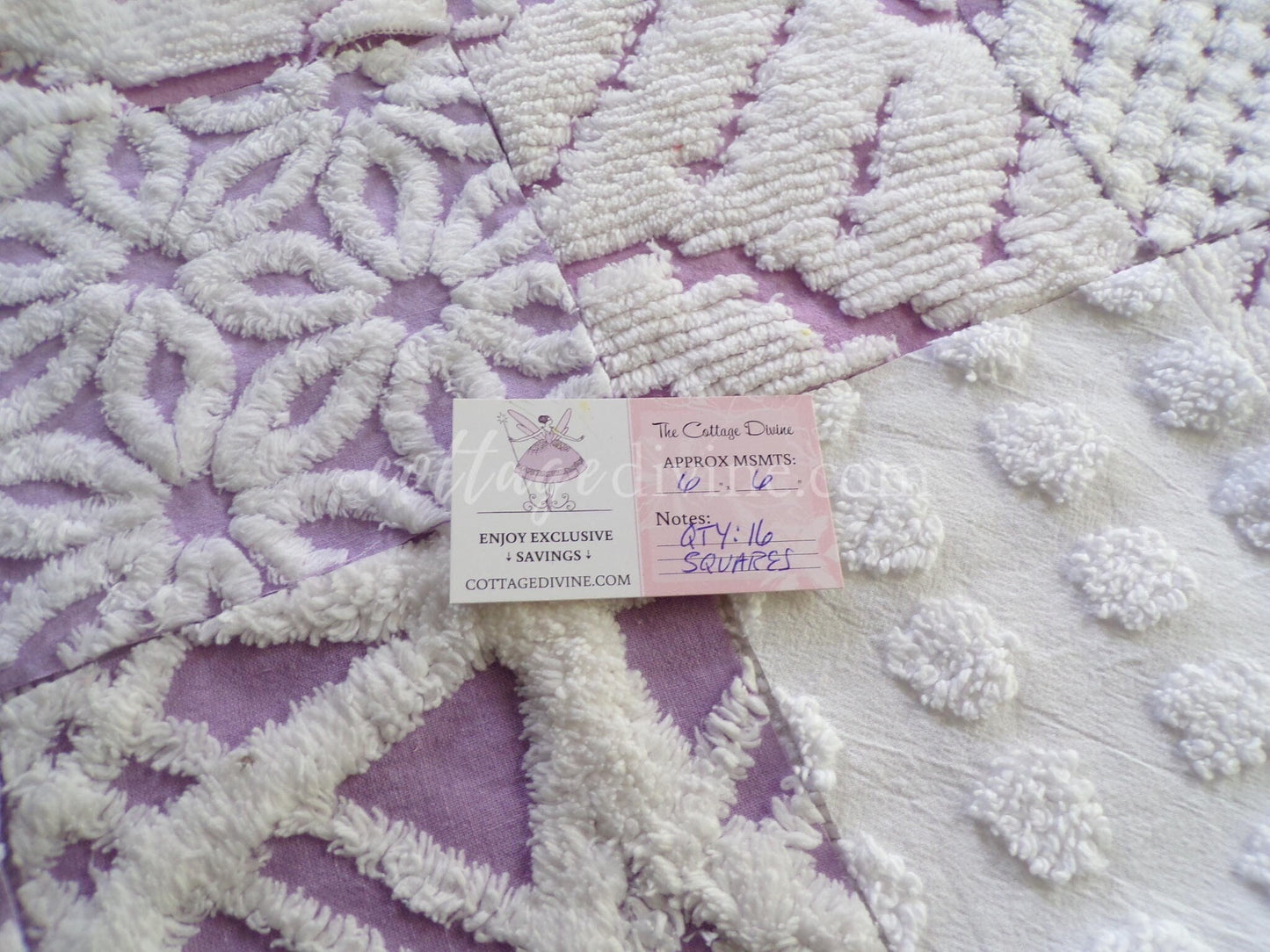 Cloud 9 Chenille Quilt Squares Set from Vintage Bedspread Fabric, 16 Blocks, 6" x 6" inch