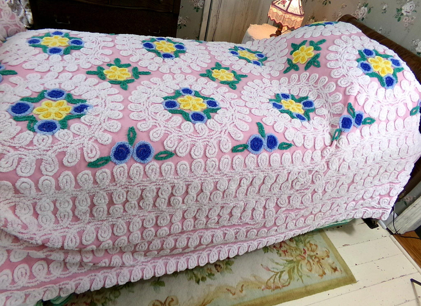 shabby plush pink vintage chenille bedspread, popular wedding cake florals, retro cottage glamour full size bedding