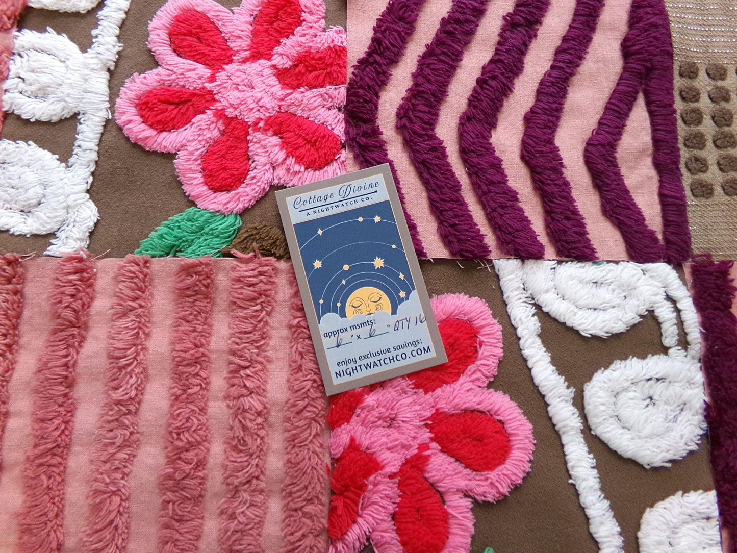 chocolate cake vintage chenille fabric squares, set of 16 yummy 6" craft blocks in brown & mauve pink for quilt inlays, pillows, fiber arts