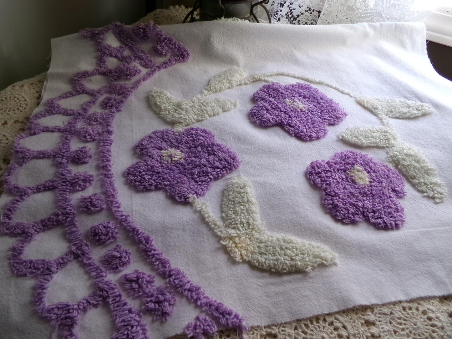 Spring Lilac Wreath Vintage Style Chenille Fabric, 20" x 28" inch piece, Pretty in DIY Pillows