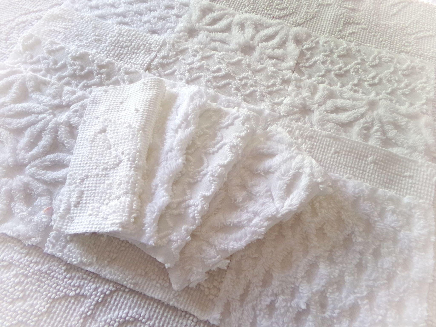 Snow Baby Chenille Fabric Squares Set of 16 White Quilt Blocks, 6" x 6" inches each, Diamond, Squiggle Daisy & Hobnail Texture Patterns