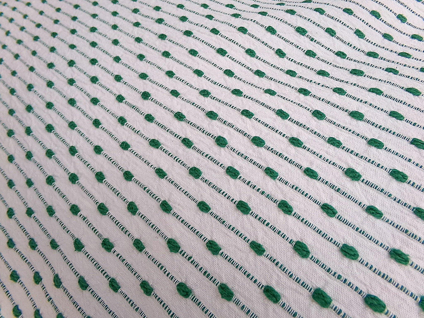 preppy kelly green textured fabric piece, vintage chenille raindrop dots on white woven cotton, great in quilts, xmas stockings, 20" x 25"