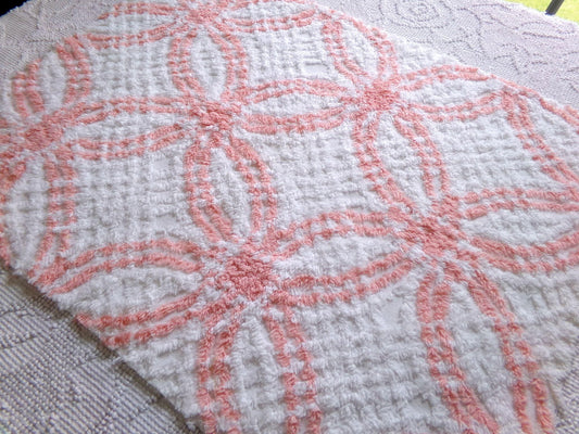 creamsicle peach & white chenille fabric piece, vintage cotton quilt material, wedding ring design, 18" x 23"