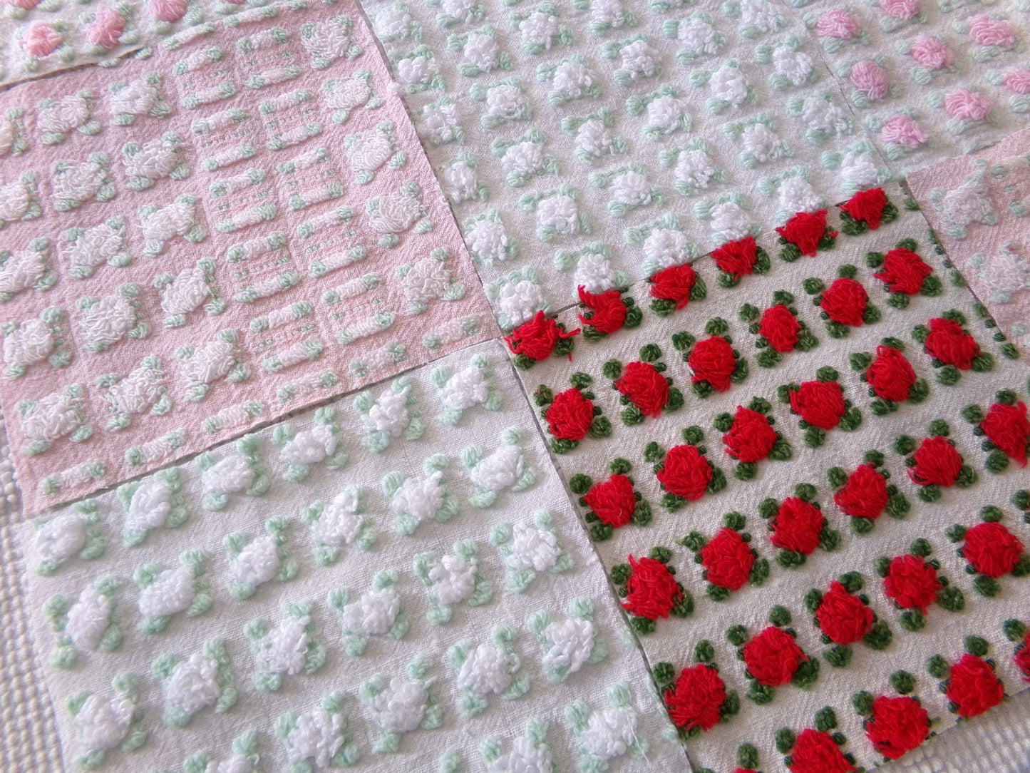 valentine rosebuds vintage chenille fabric squares, gorgeous medley of pink, red, white roses, set of 16 quilt blocks, 6" x 6" inch