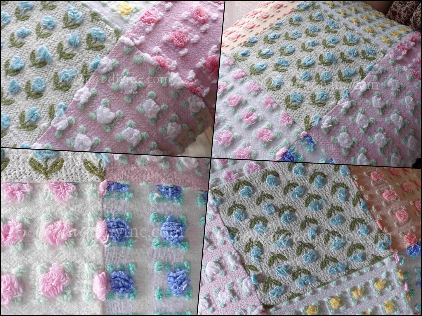PATCHWORK Roses Floral Chenille Pillow Cover 16" x 16" inch Square, REVERSIBLE Accent Pillow Designed from Vintage Chenille Bedspread Fabric