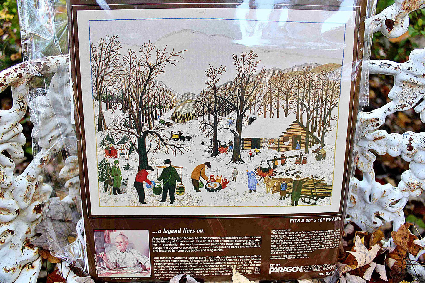 SUGARING OFF Crewel Stitchery Kit, Vintage Grandma Moses Design, Paragon Needlecraft Embroidery Kit # 0202 from 1983