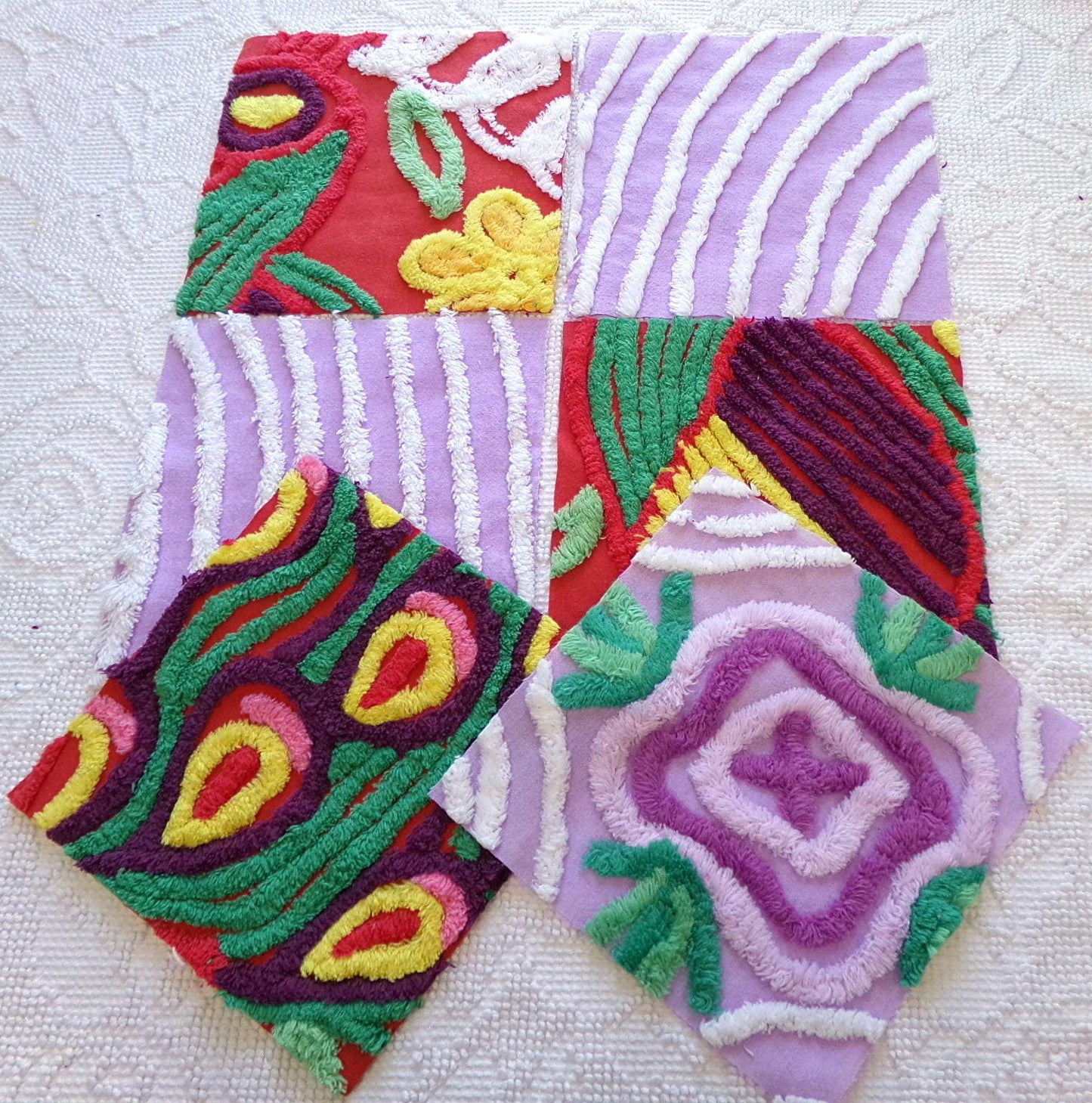 sassy 'n sweet chenille fabric squares, 7.5" vintage quilt blocks in lavender & rich red, set of 6 for sewing, crafts, quilting