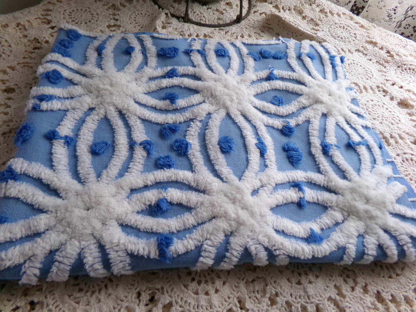 coastal chic blue vintage chenille fabric, white tufted spider rings & little pops, 24" x 18" inch piece