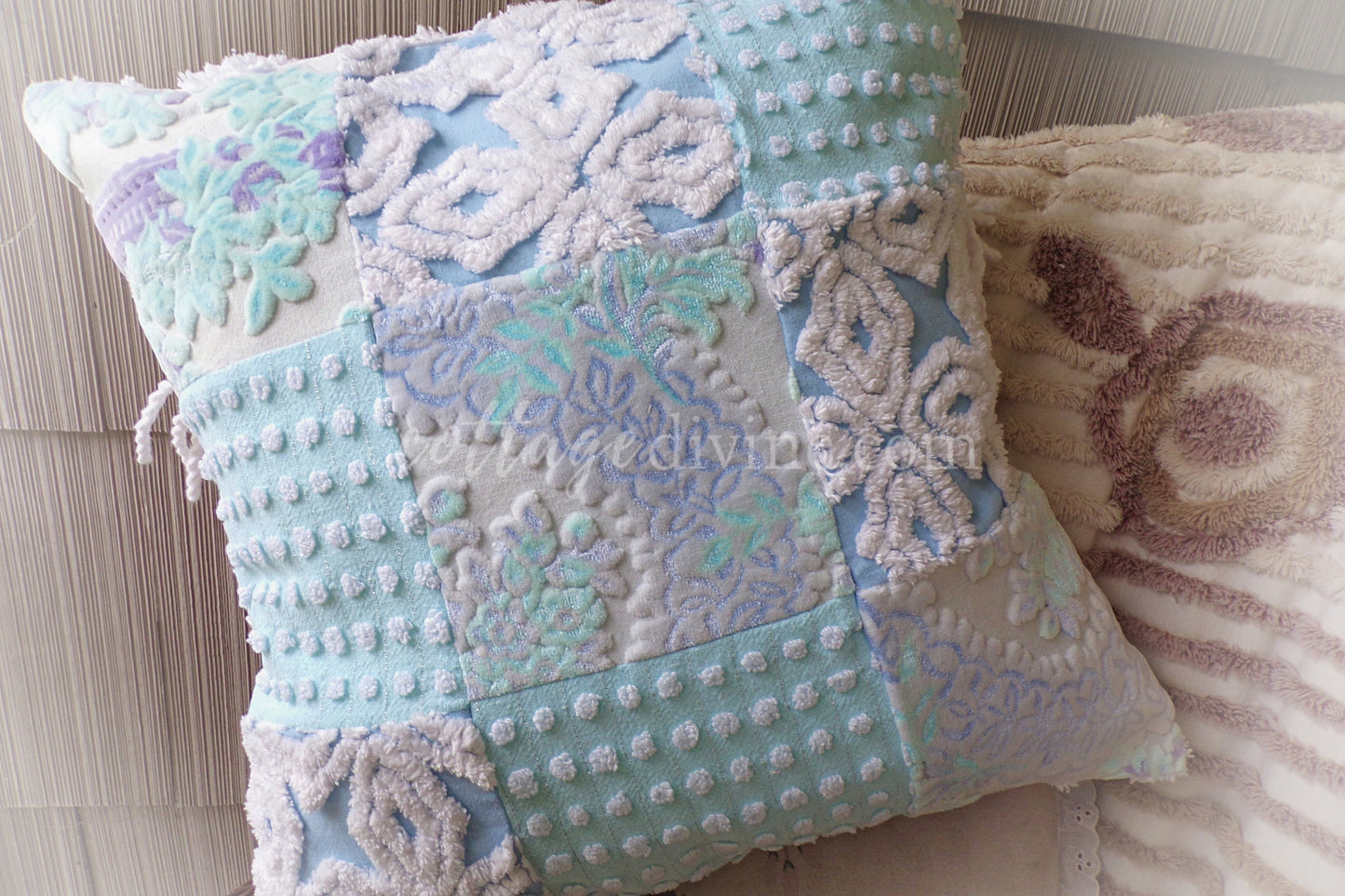 Coastal Chic Velvet & Chenille Pillow Cover 16" x 16" inch Square, REVERSIBLE Patchwork Accent Pillow from Vintage Chenille Bedspread Fabric