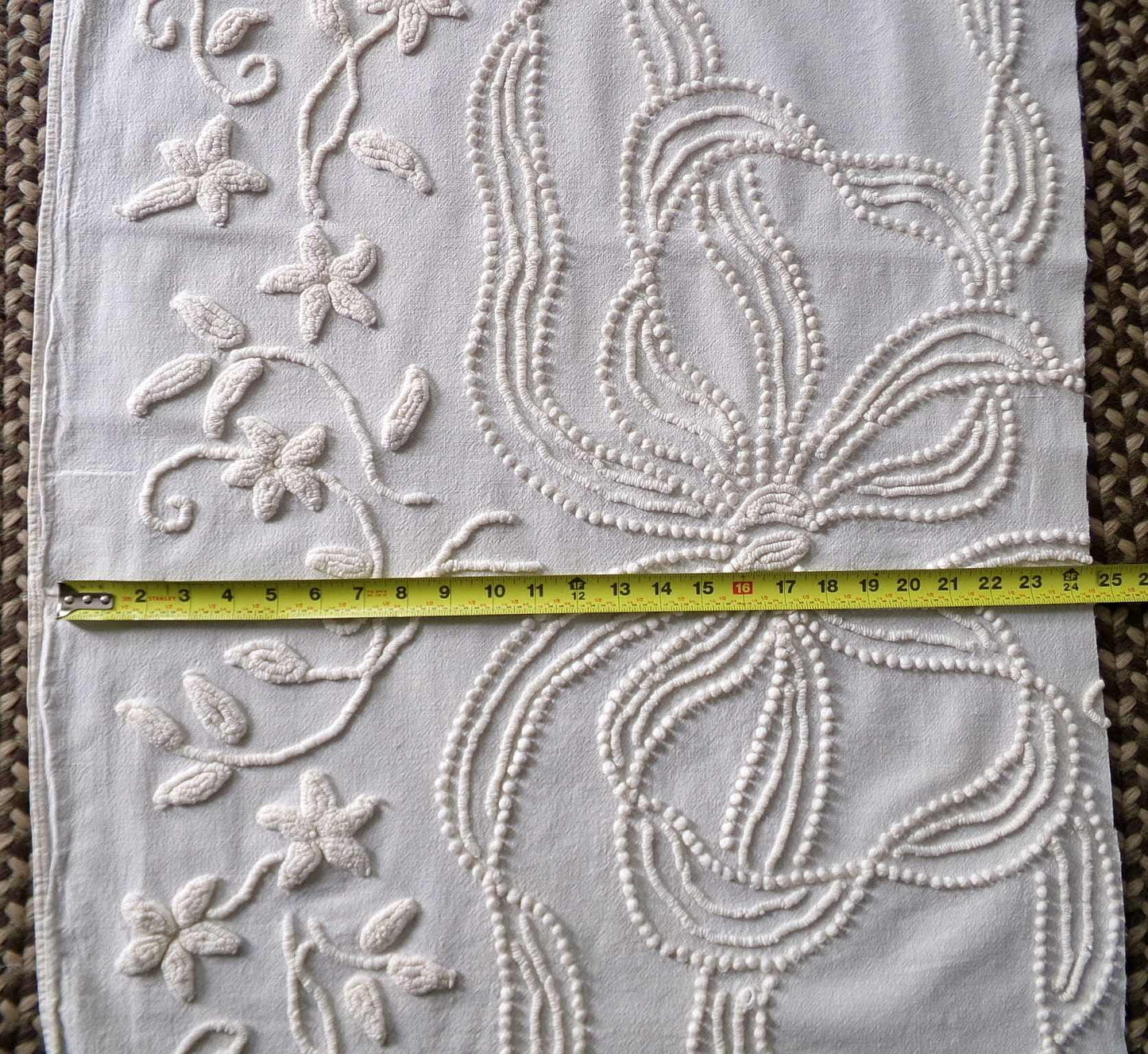 Exquisite Heirloom Vintage Chenille Fabric Piece, Large Bow & Lily Flowers in Antique Cream, 23" x 37" inch piece, lovely for a wall hanging
