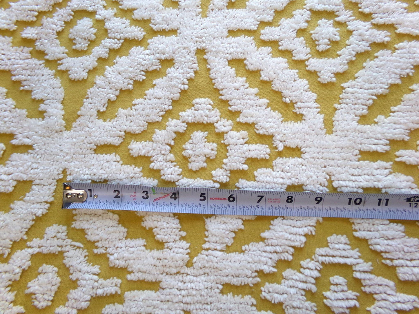 honey harvest gold vintage chenille fabric, retro 18" x 25" cut piece, white geometric tufts, lightweight cotton sewing fabric