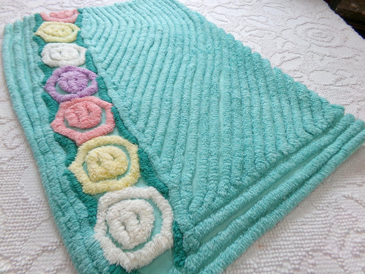 vintage plush aqua chenille fabric, rainbow lollipop roses design, 19" x 24" piece of sewing material