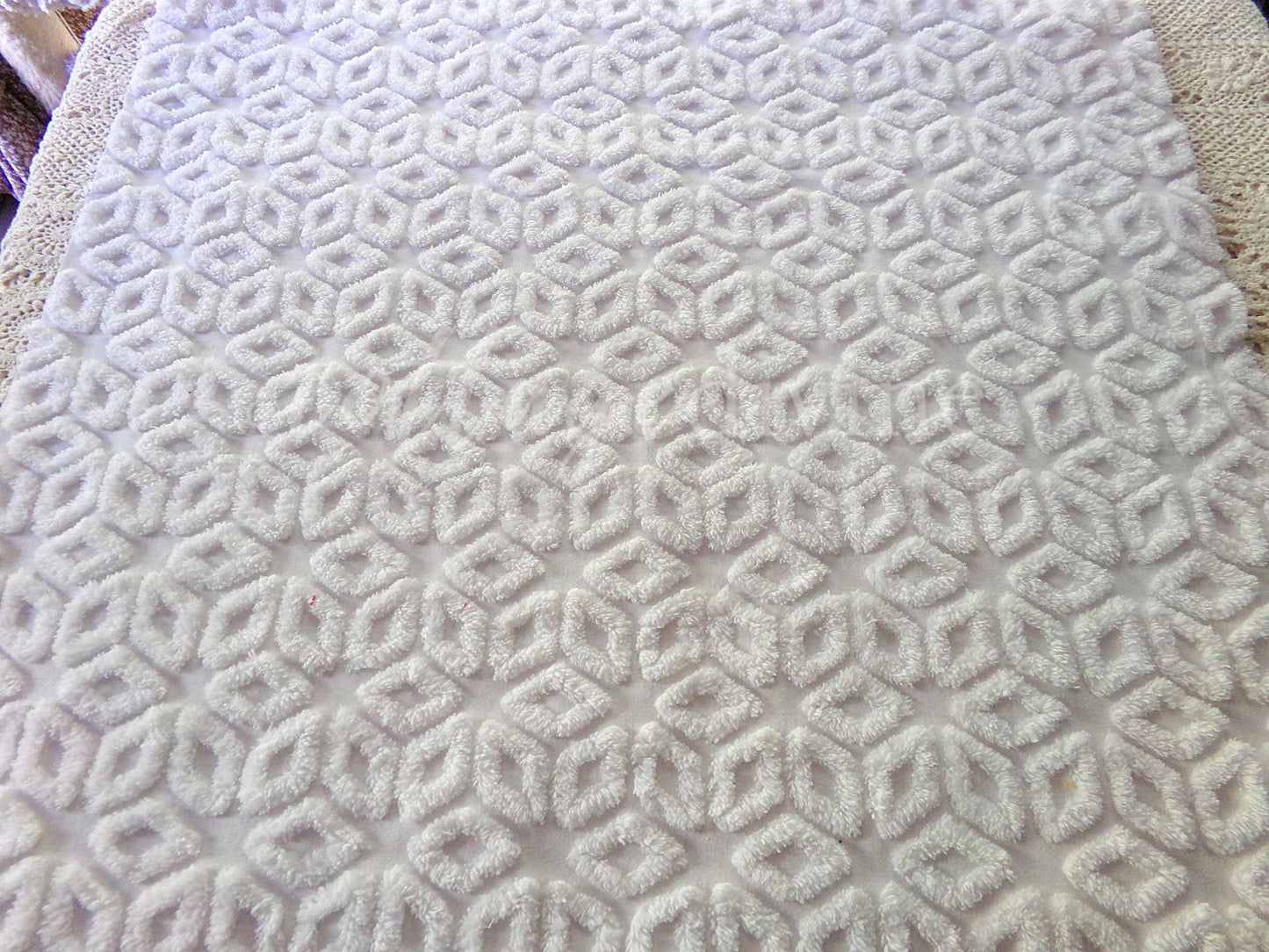 Snowflake Wedge White Vintage Chenille Fabric, 27" x 24" Piece, Snowy Geometric Wedge Daisy Design