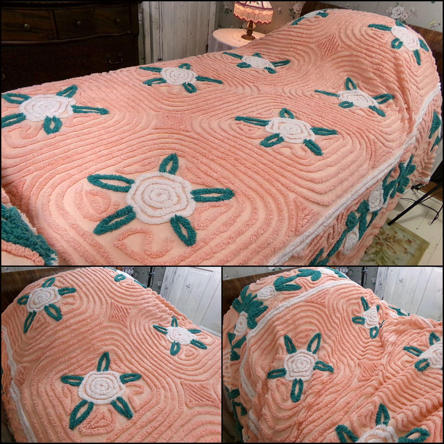 white roses in autumn vintage chenille bedspread, lovely peach glow cotton full size shabby chic bedding