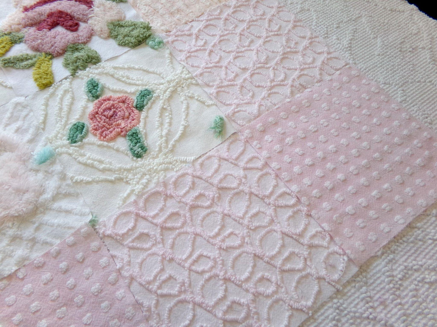 fairy flowers chenille fabric squares, set of 16 vintage craft quilt blocks 6" inches ea, soft pink, peach & floral