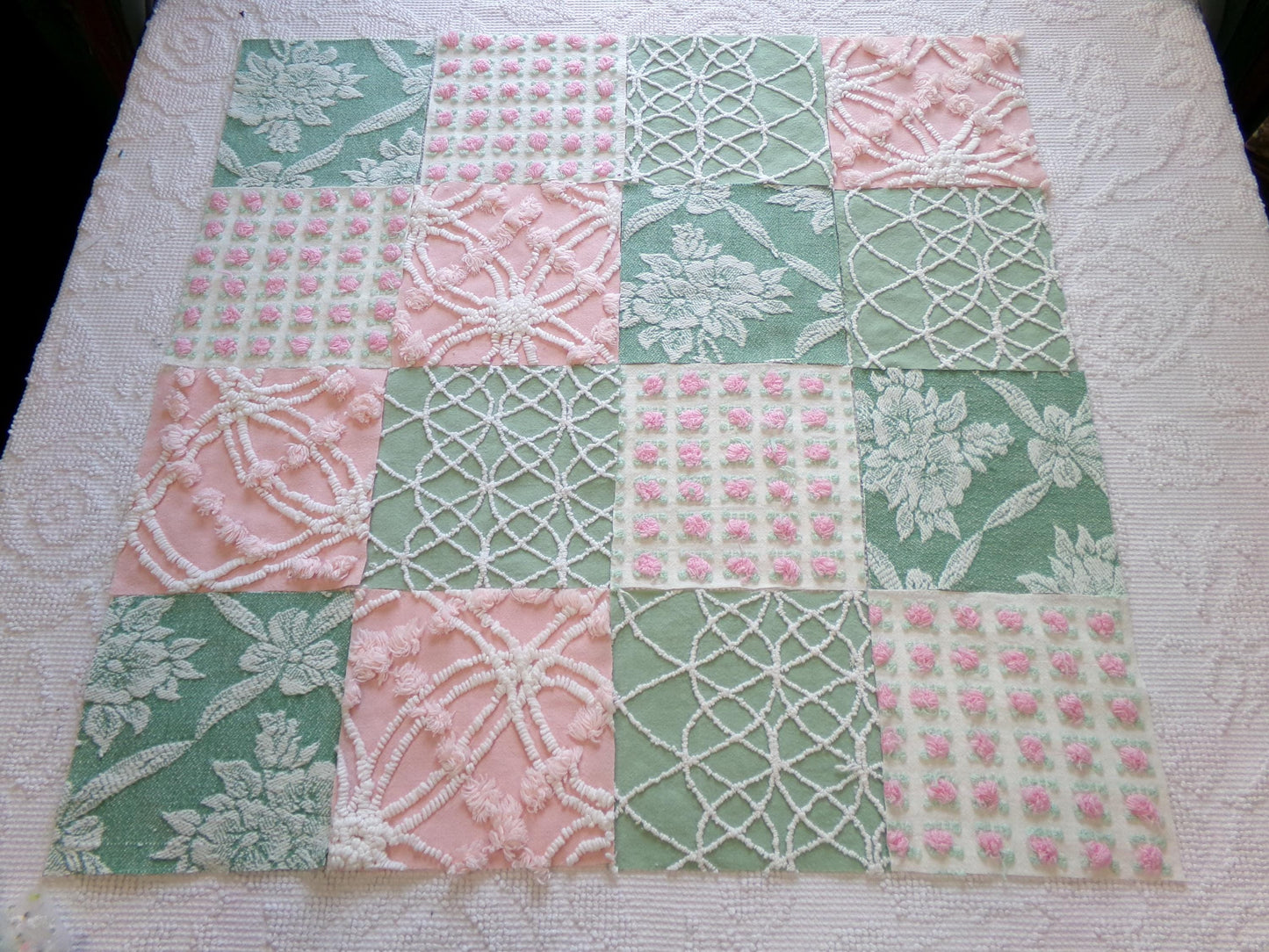 enchanted garden vintage woven & chenille fabric squares, set of 16 pink jade 6" quilt blocks for crafts, sewing, diy pillow covers