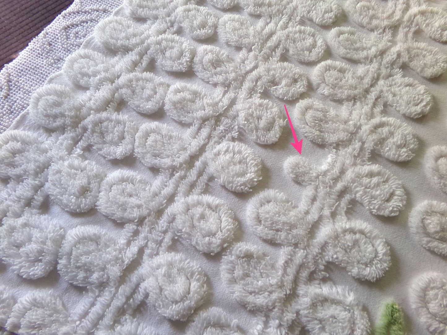 sculpted wedding cake vintage chenille fabric, lovely bridal white curlicues & rosette florals, 19" x 27" inch piece cotton sewing material
