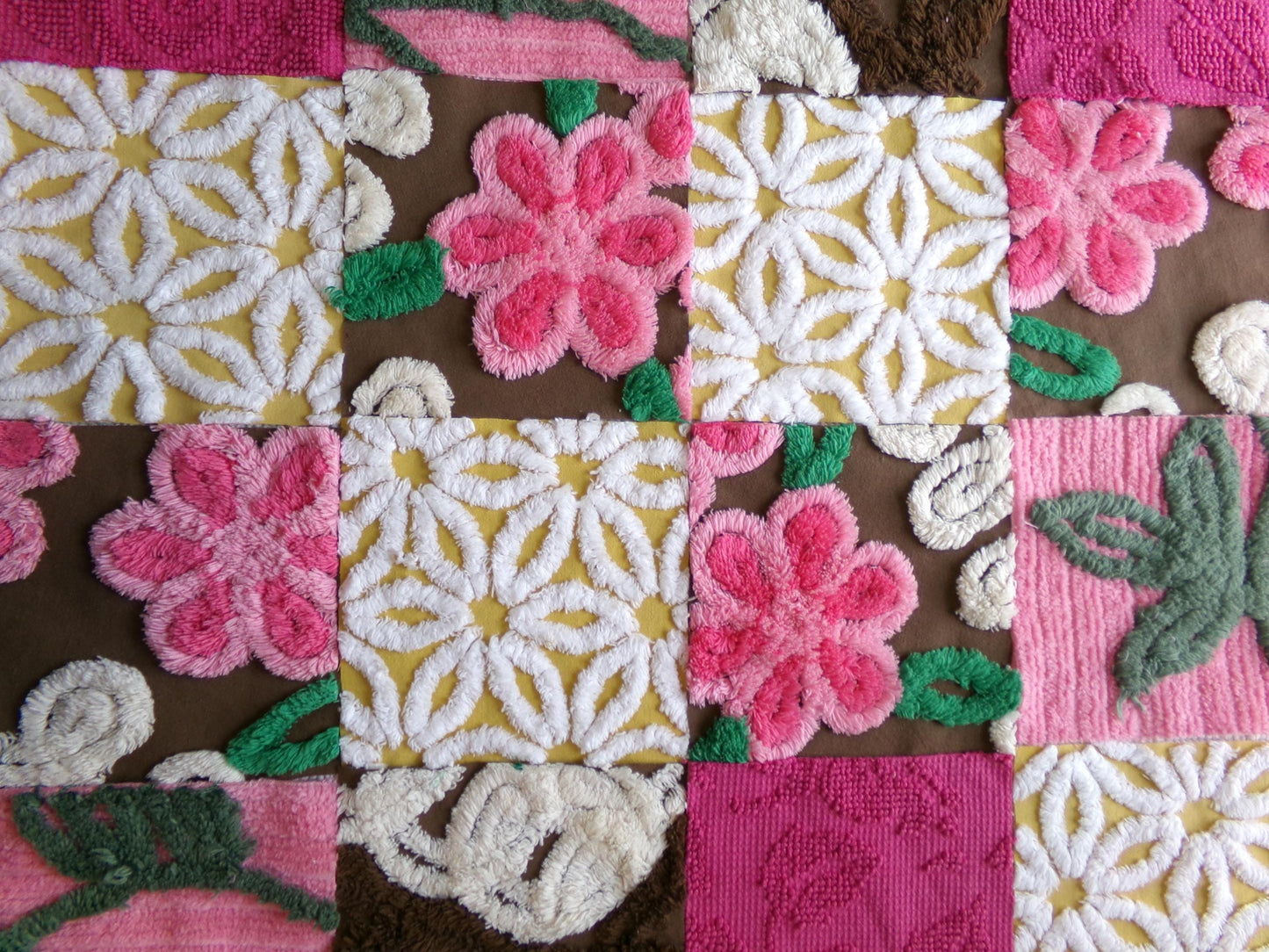 vintage chenille fabric squares, "fairy trail" set of 16 chocolate & pink 6" quilt blocks for quilting, crafts, sewing