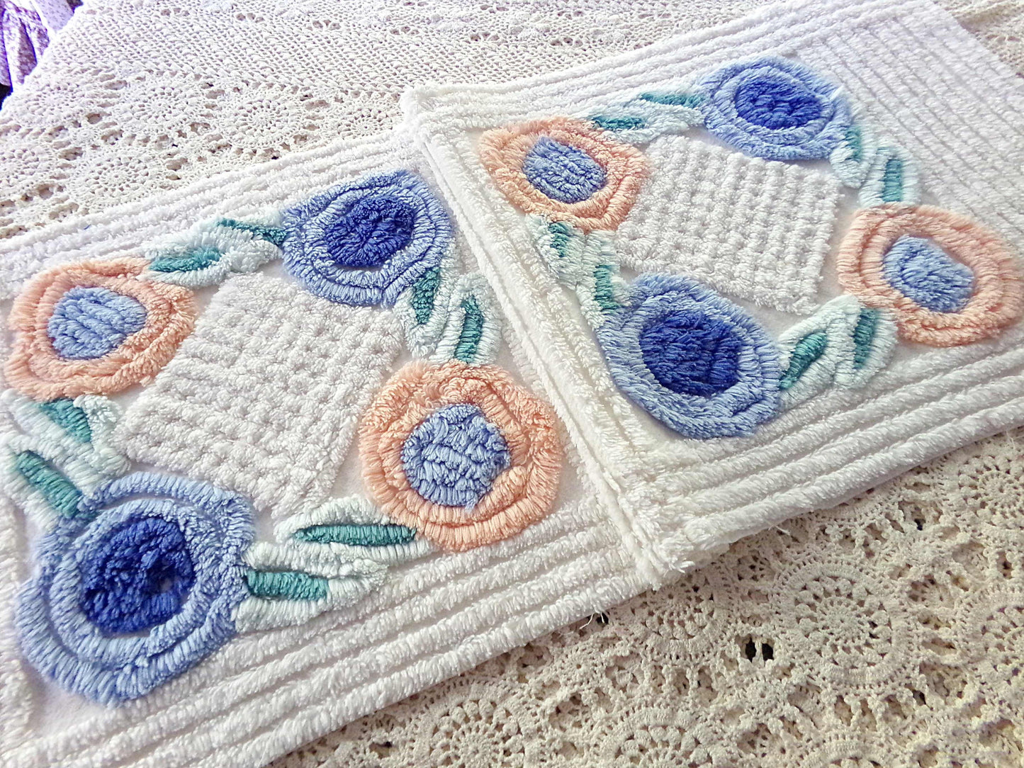 Pretty Vintage Chenille Fabric in Two Tone Blue & Iced Peach Roses on White, 13" x 30" inch Piece, Ideal for DIY Pillow Covers