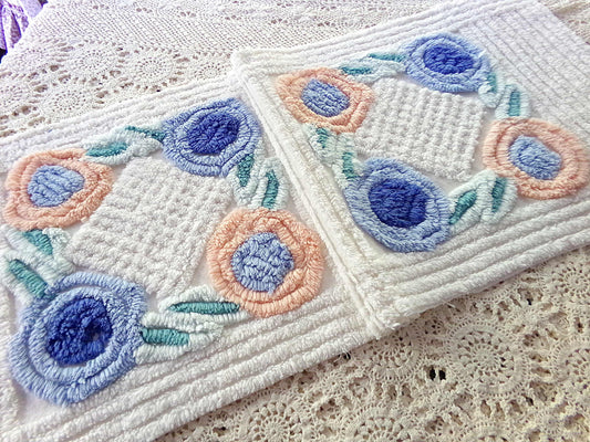 Pretty Vintage Chenille Fabric in Two Tone Blue & Iced Peach Roses on White, 13" x 30" inch Piece, Ideal for DIY Pillow Covers