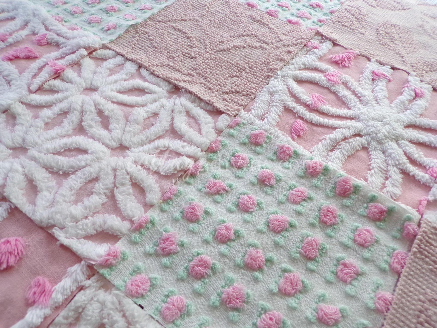 angel pinks vintage chenille fabric squares, rosebuds, daisy patterns, set of 16 quilting blocks, 6" x 6" each, pretty in patchwork pillows
