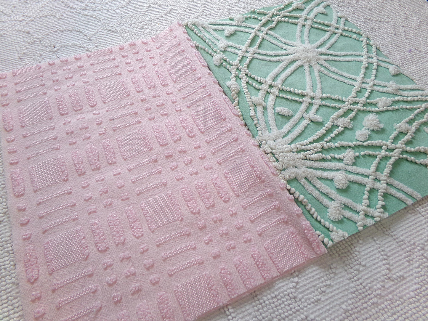 Vintage Chenille Fabric: 2 Pieces Quilt Material 12" x 18" each in Jade Green Tufts & Ballet Pink Dash Dots