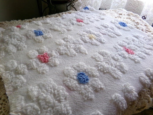 Adorable Rainbow Daisy Vintage Style Chenille Fabric, White Floral 20" x 22" inch Piece, So Cute in Quilts & Sewing Projects