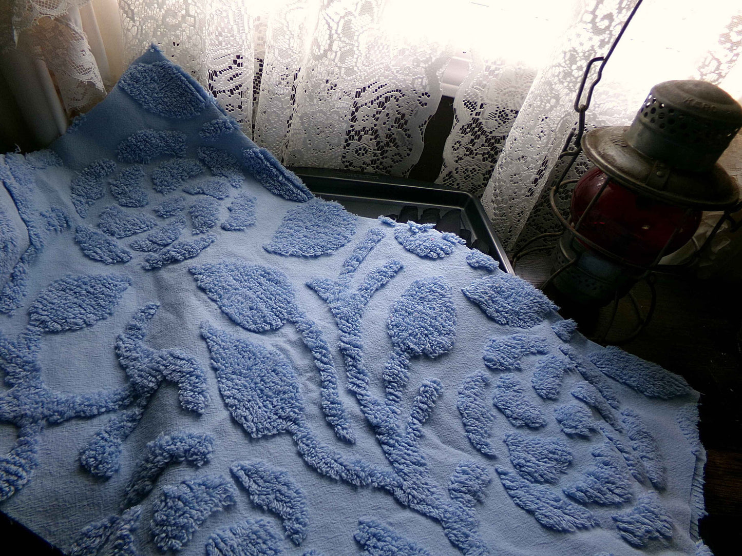 Sculpted Rose Vintage Chenille Quilt Fabric, 28" x 24" inch Piece, Tranquil Dusty Blue Cotton