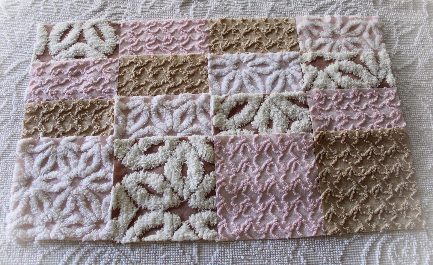 modern mocha pinks chenille fabric squares, set of 16 vintage quilt blocks 6" inches ea, daisy & squiggle texture