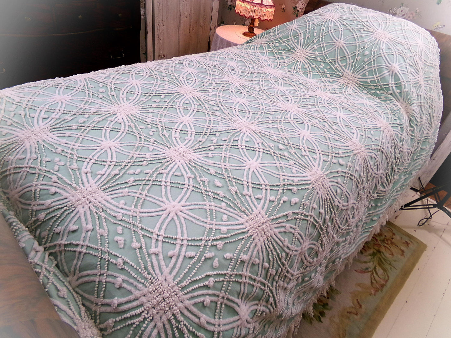 jade green pink rose vintage chenille bedspread, beautiful twin size shabby chic style bedding, great as a summer cottage coverlet