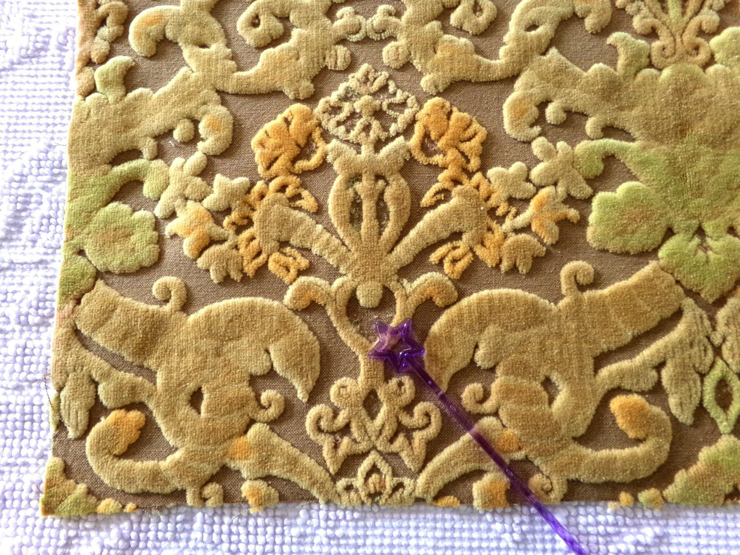 shabby distressed cut velvet fabric, vintage Bates tapestry style chenille material, 20.5" x 15.5" piece, popular in boho bags