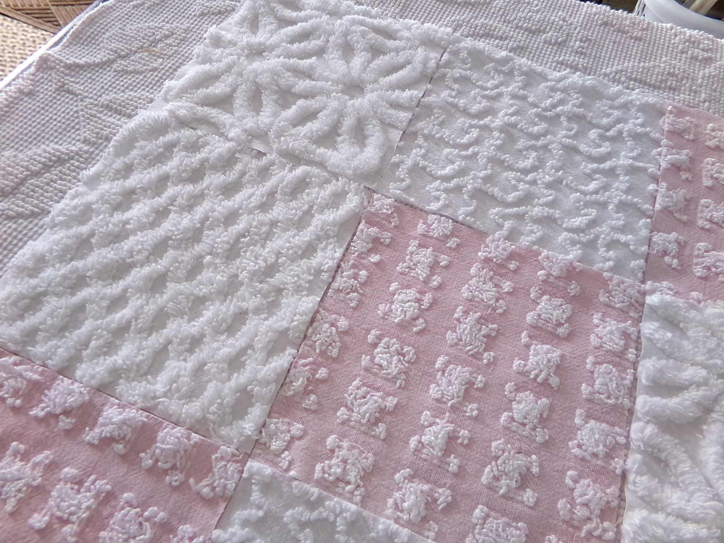 angel wings chenille fabric squares, pink & white rosebud, lattice, dots, squiggles, vintage square set of 16 quilt blocks, 6" x 6" inch
