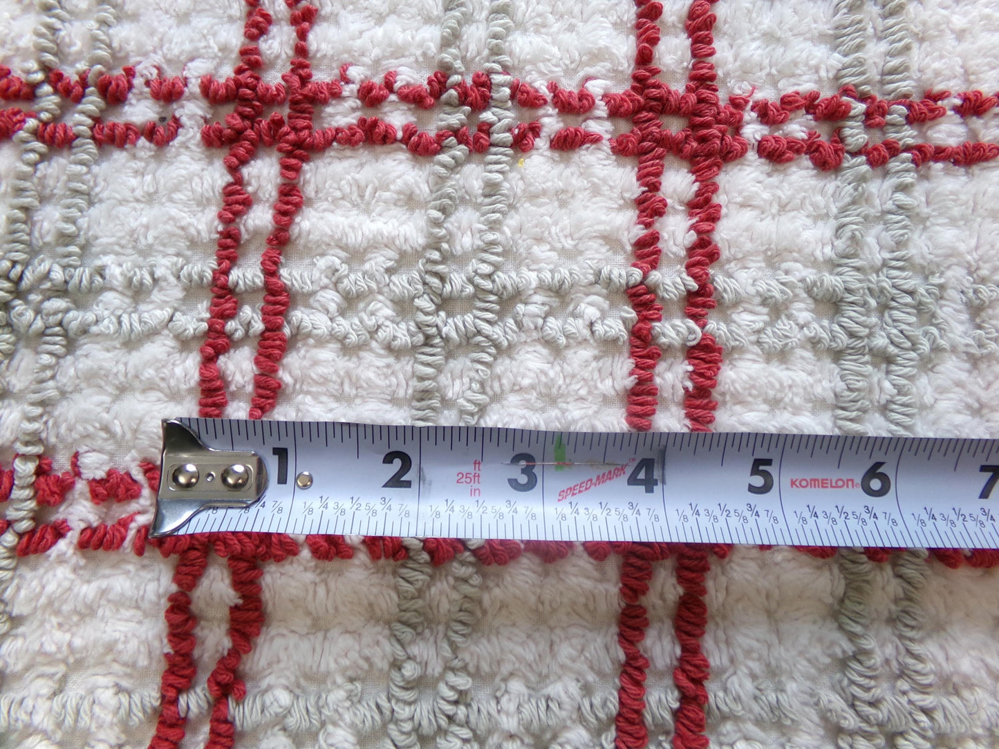 Preppy Plaid Vintage Chenille Fabric, Maroon & Grey Needletufting on White Grid, 18" x 23" inch Piece, 100% Cotton