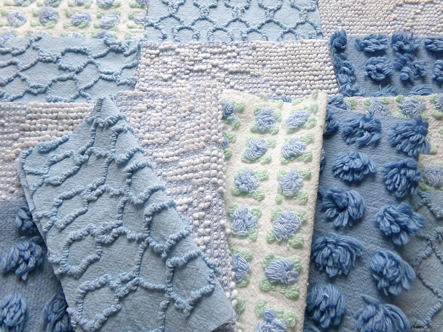 magical moonglow chenille fabric squares, 16 vintage 6" quilt blocks in blue & white, for sewing, crafts, fiber arts