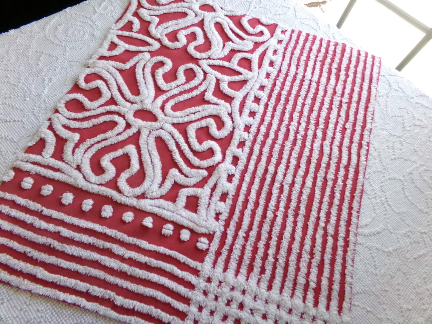 cherry red & white vintage chenille fabric, victorian scroll stripe design, 20" x 24" cut piece of craft, sewing, pillow, quilt material
