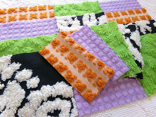 whimsical witch vintage chenille fabric squares, set of 16 playful 6" blocks for crafts, sewing in orange, black, green & lavender