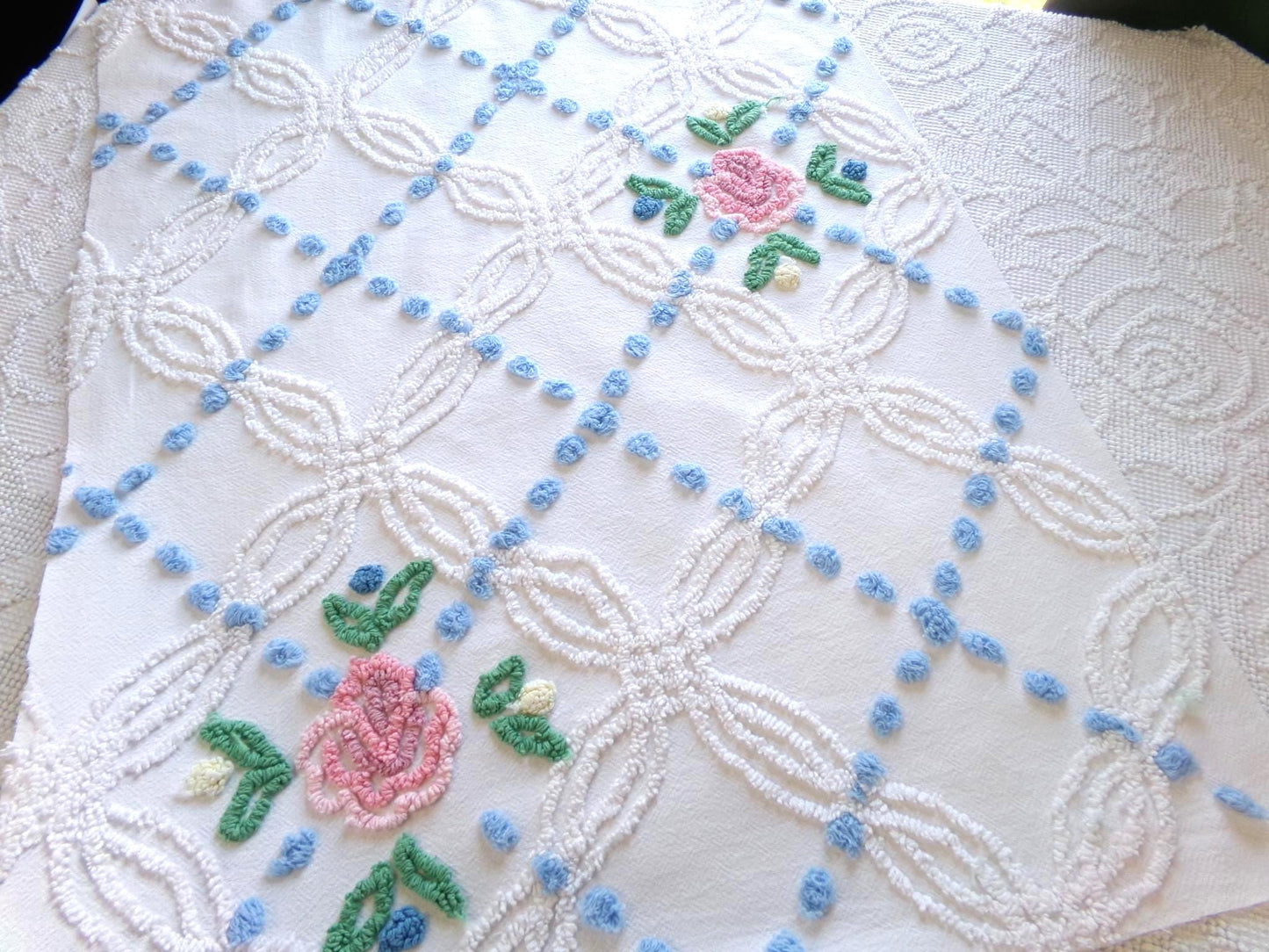 favorite cottage style vintage chenille fabric, pink roses & blue dots, 20" x 27" piece of white sewing material for quilting and crafts