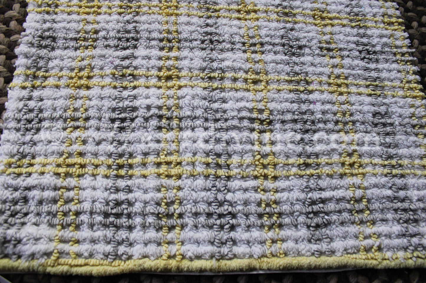 Stormy Grey, Sunny Yellow Plaid Vintage Chenille FABRIC PIECE, 17" x 26" inches, Cabin Crafts Texturized Contrast Needletufting