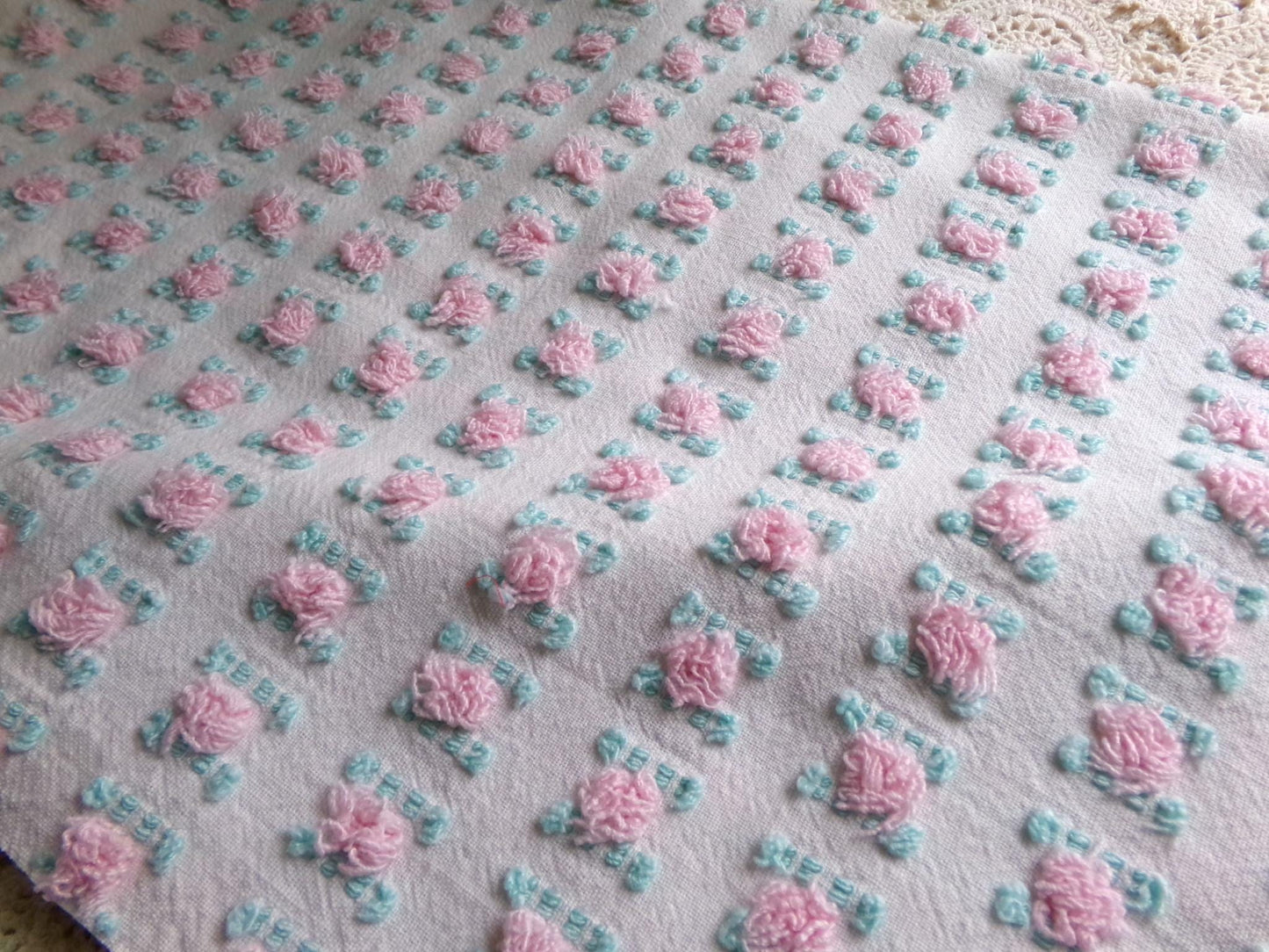 favorite pink rosebud vintage chenille fabric, cottage style sewing & quilt material, 18" x 24" inch piece