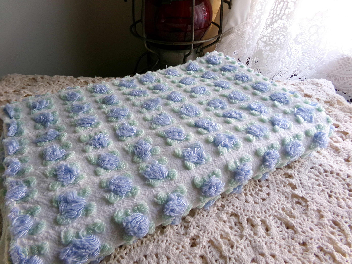 Heavenly Blue Rosebud Vintage Chenille Fabric, Morgan Jones Rose Design, 24" x 18" inch Piece, Angelic Raised Roses on White